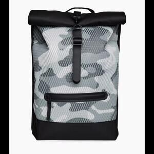 RAINS Rolltop Rucksack Waterproof Backpack Black Camo NWT W/ Original Packaging